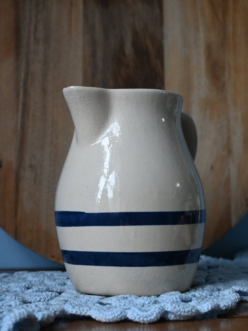 VTG Robinson Ransbottom Roseville Ohio 1 Qt Stoneware Pitcher Blue Stripe #303